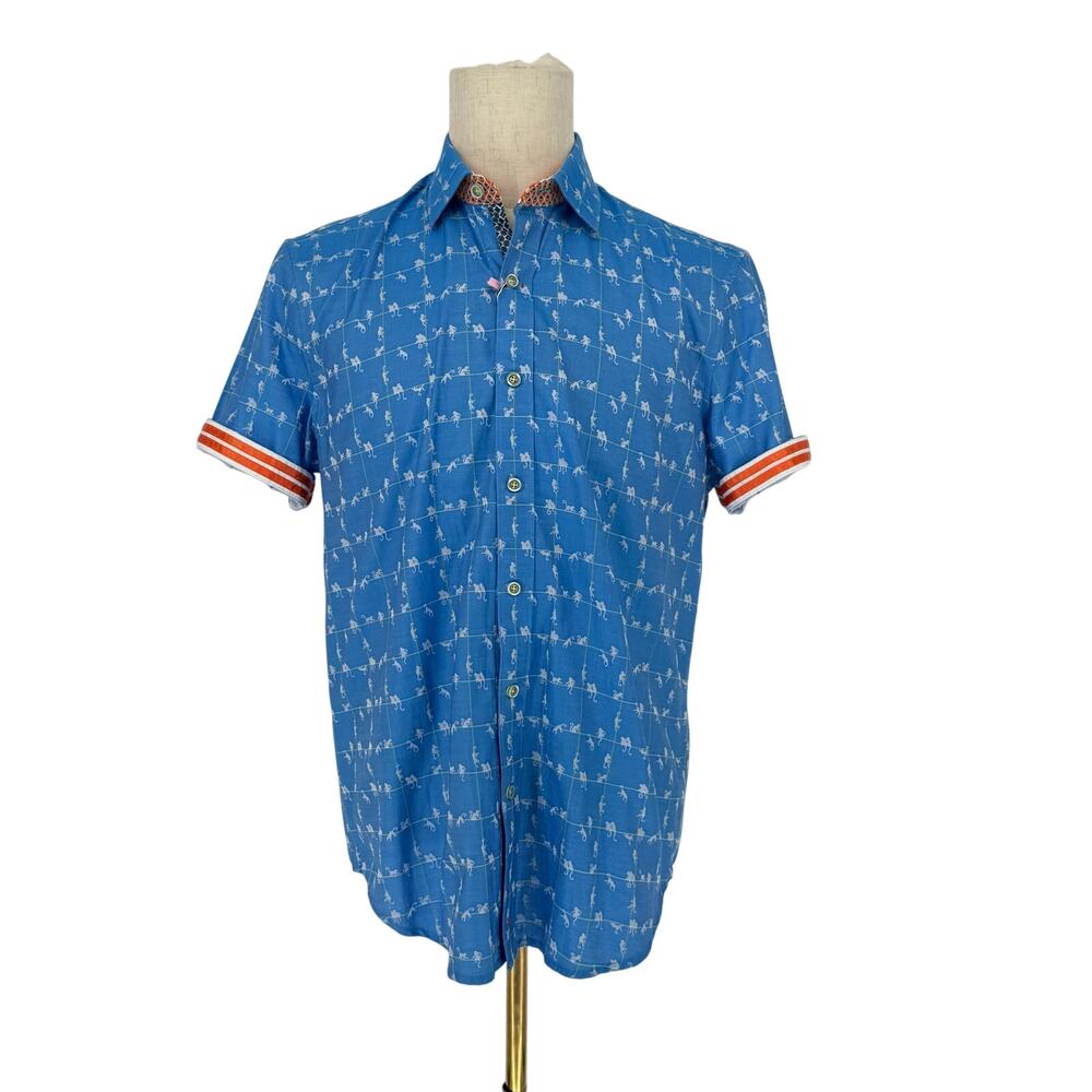 Robert Graham Button Front Short Sleeve Shirt MONKEY Blue Check Novelty Print M